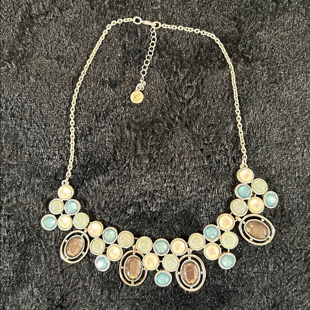 Liz Claiborne Silver-Tone Statement Necklace with Blue, Cream & Brown Accents.